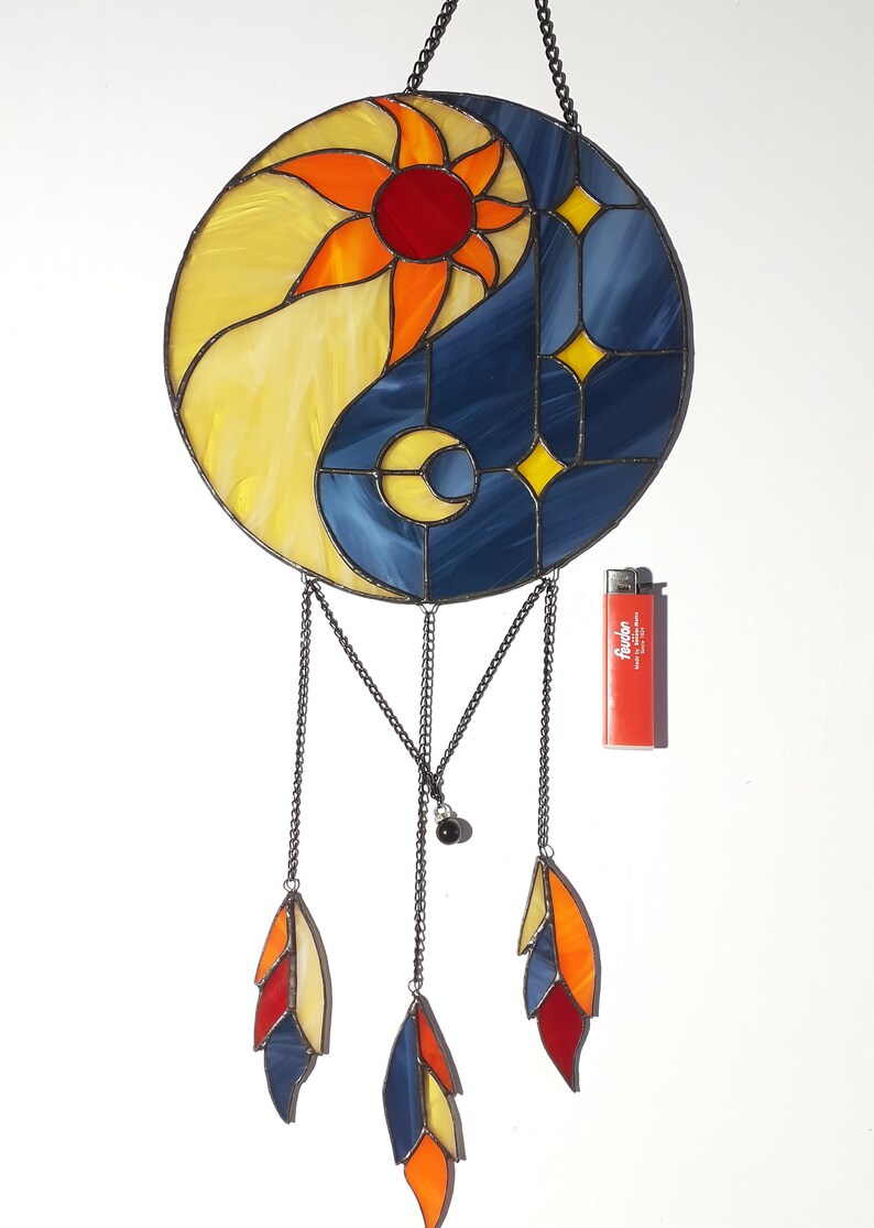 Stained Glass Dream Catcher Yin Yang, Suncatcher Sun and Moon, Window