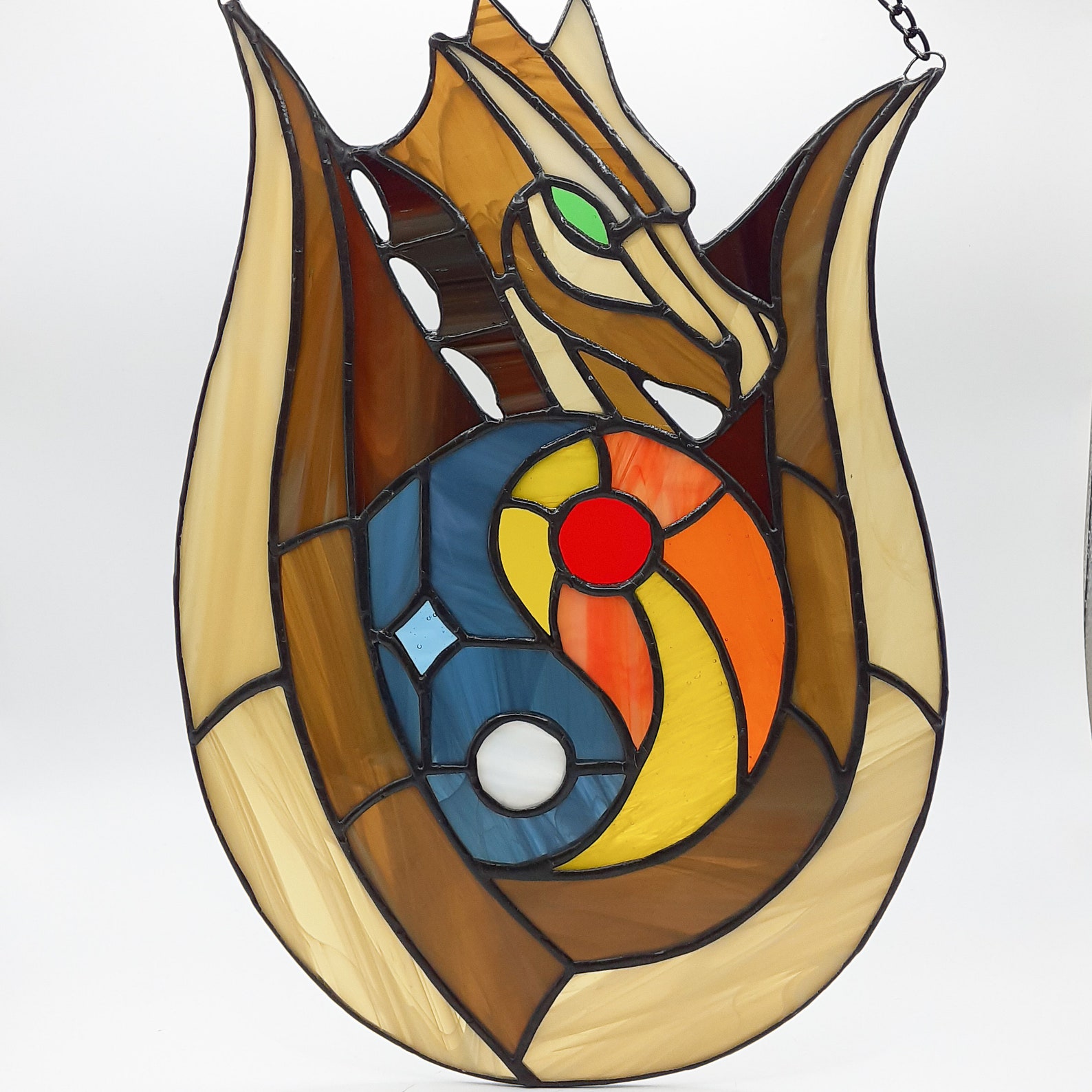 Stained Glass Dragon Suncatcher, Sun and Moon Yin Yang Glass Ornament