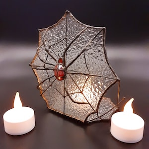 Gothic Stained Glass Spider Web, Jumping Spider Tealight Holder, Mirkwood Spider Stained Glass Suncatcher, Gothic Home Decor Halloween Decor image 1