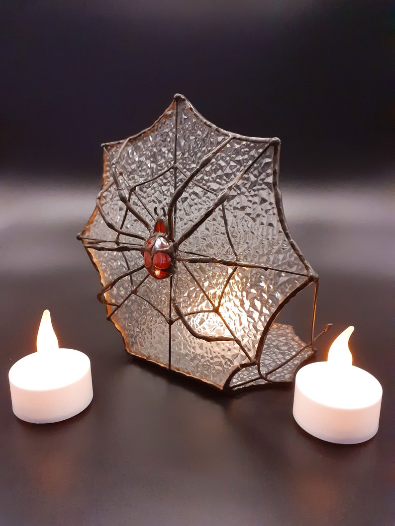Gothic Stained Glass Spider Web, Jumping Spider Tealight Holder, Mirkwood Spider Stained Glass Suncatcher, Gothic Home Decor Halloween Decor image 1