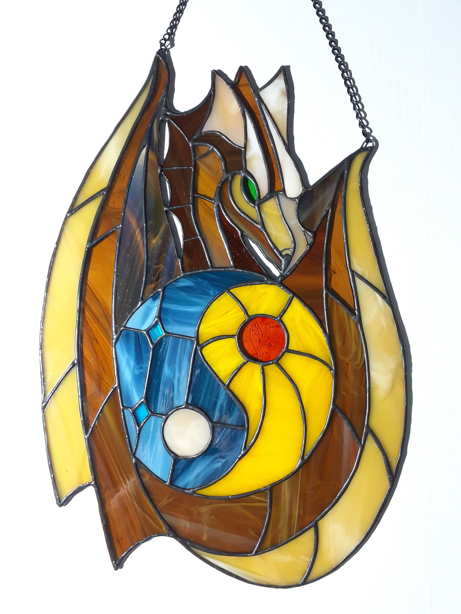 Stained Glass Dragon Suncatcher, Sun and Moon Yin Yang Glass Panel
