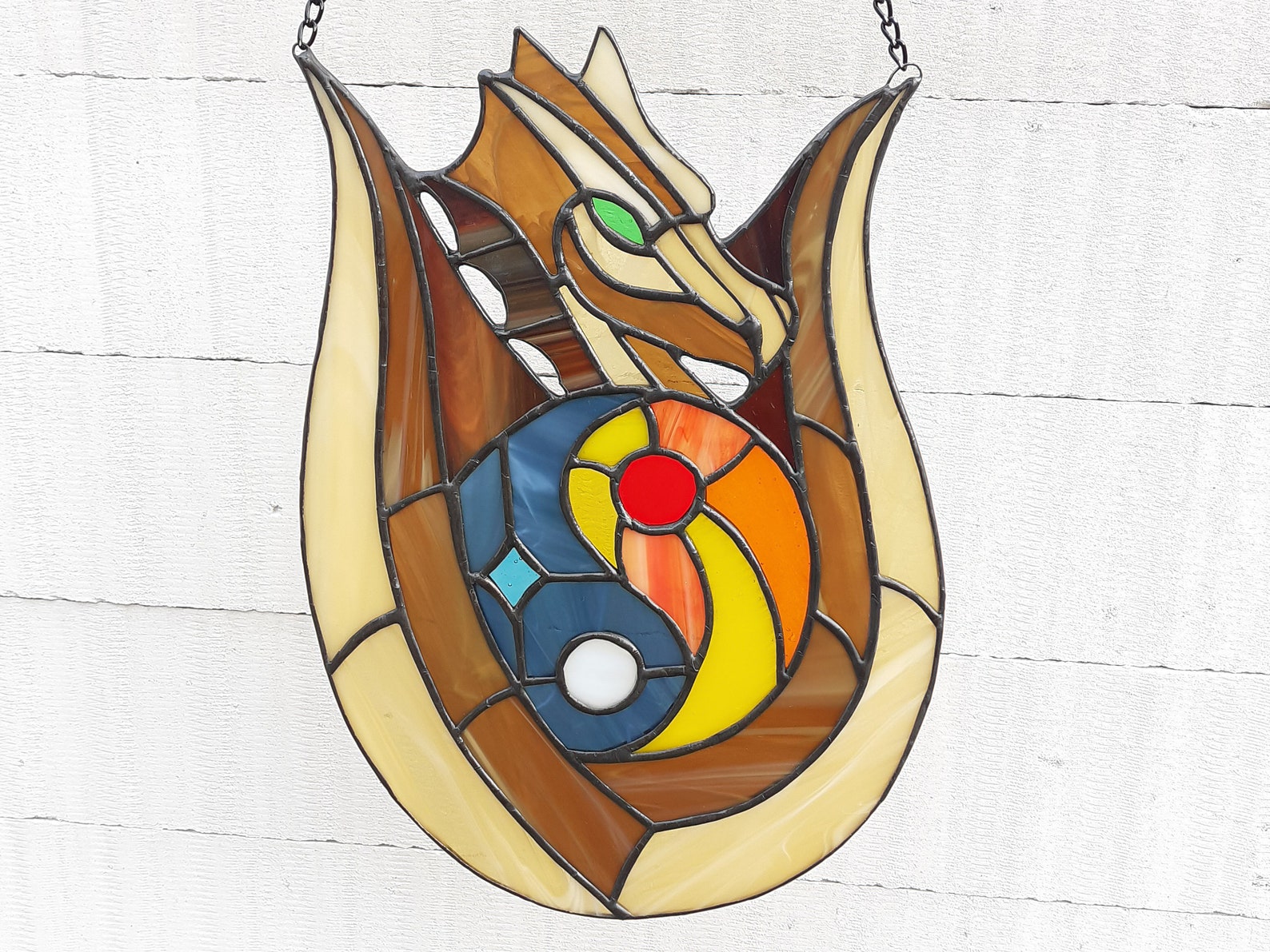 Stained Glass Dragon Suncatcher, Sun and Moon Yin Yang Glass Ornament