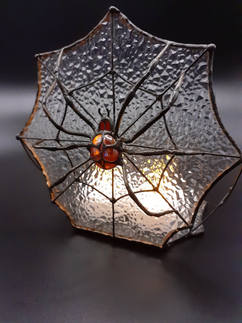 Gothic Stained Glass Spider Web, Jumping Spider Tealight Holder, Mirkwood Spider Stained Glass Suncatcher, Gothic Home Decor Halloween Decor image 5