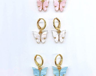 Butterfly Earrings: Blue, White, Pink (1.1 X 0.6 inches)