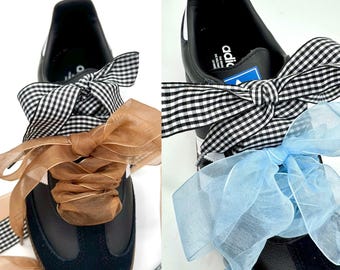 Double Bow Fashion Shoe Laces – Black & White Check + Organza Ribbon - Two Color Set FREE SHIPPING