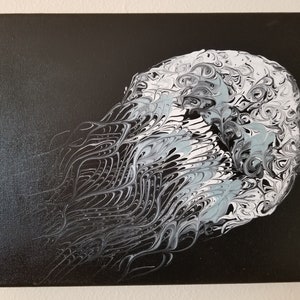 May include: Abstract painting on canvas with swirling black, white, and gray paint. The paint creates a pattern that resembles a jellyfish.