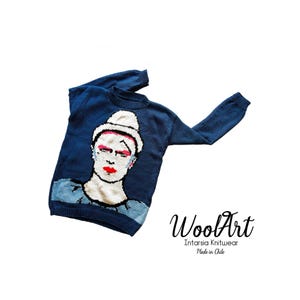 Hand- und maschinengestrickter Pullover mit chilenischer Wolle. Unisex-Stoff mit exklusivem Intarsien-Design, für Musikfans
