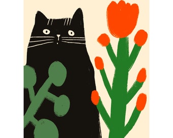 A3 Black cat in flowers art illustration print