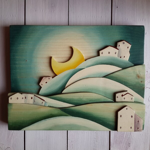 Quadro legno villaggio naif con luna