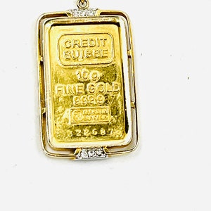 24K Yellow Gold 10 gram Credit Suisse  Bar Pendant Necklace with Diamonds.