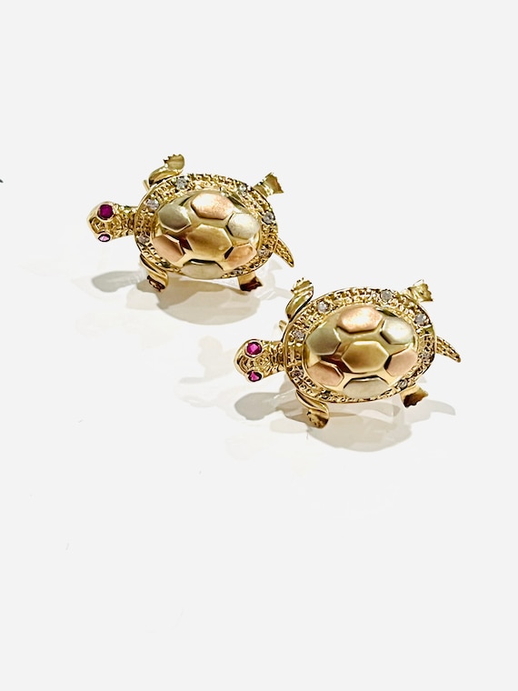 14K Yellow White and Rose Gold Turtle Earrings