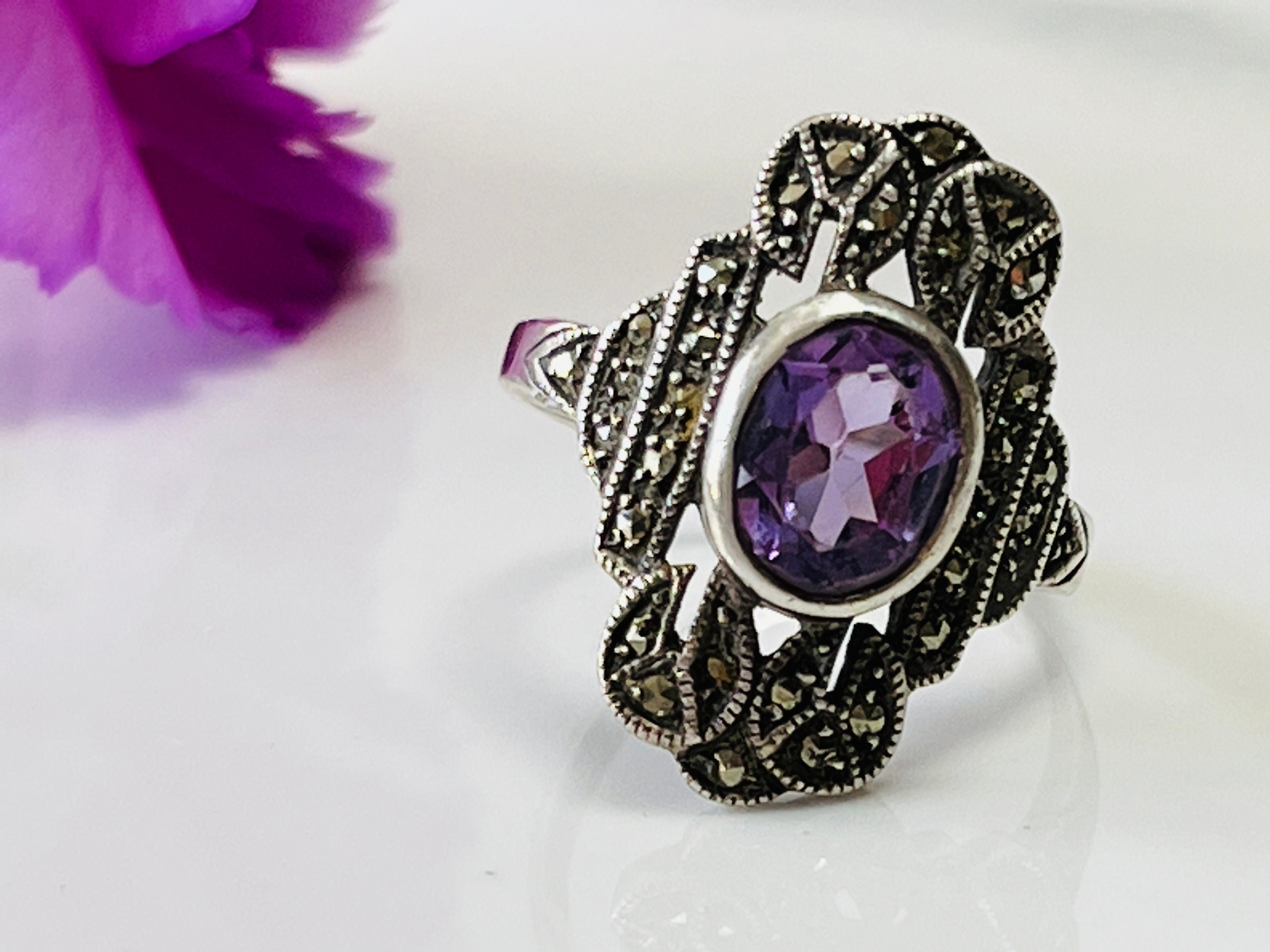 Art Deco Vintage Sterling Silver Marcasite and Amethyst Ring