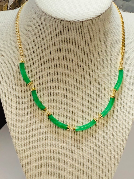Natural Green Jade  14K Yellow Gold Necklace. - image 1