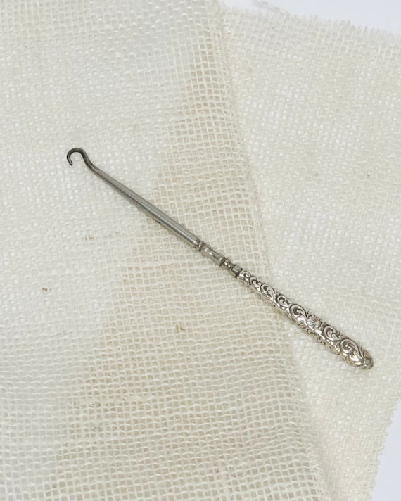 Antique Button Hook with Sterling Silver Repousse 