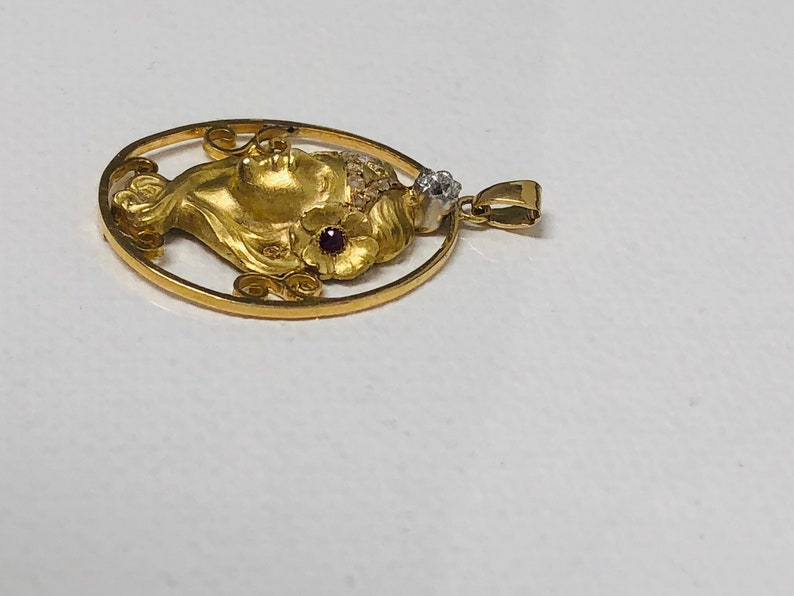 Antique Sarah Bernhardt Diamond Ruby Pendant 18K Yellow Gold , France./CIRCA 1900. image 8