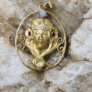 Antique Sarah Bernhardt Diamond Ruby Pendant 18K Yellow Gold , France./CIRCA 1900. image 1