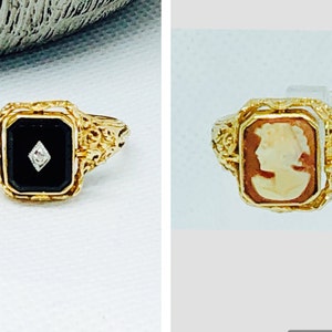 Edwardian Filigree Cameo Flip Ring with Diamond  and Onyx in 14 Karat  Yellow Gold.
