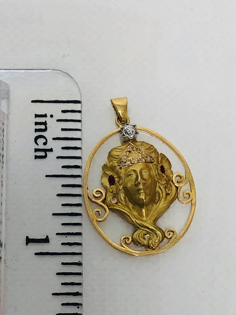 Antique Sarah Bernhardt Diamond Ruby Pendant 18K Yellow Gold , France./CIRCA 1900. image 10