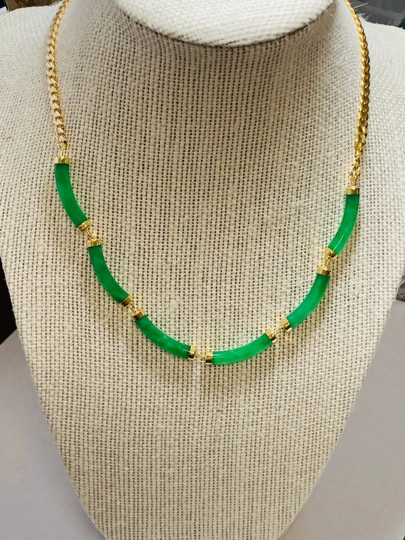 Natural Green Jade  14K Yellow Gold Necklace. - image 2