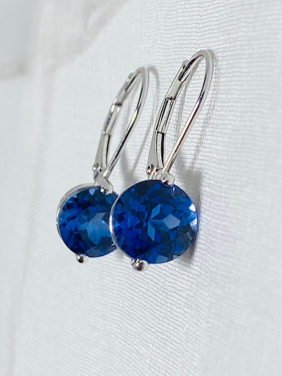 14K White Gold ,Synthetic Sapphire Dangle  Earring