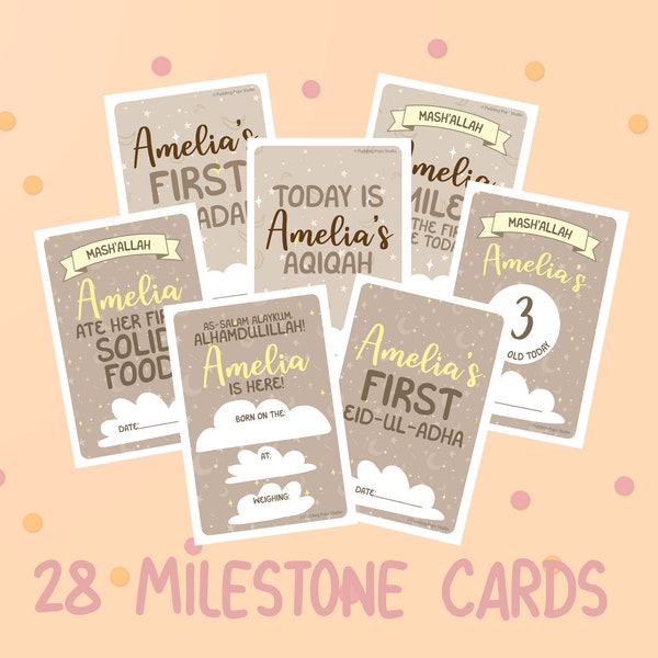 Personalised Islamic Baby Milestone cards - multi colours - PHYSICAL PRINTS | Muslim baby cards