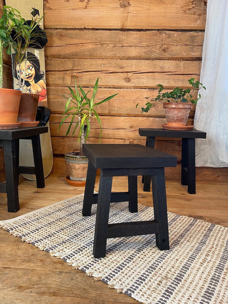 Oak Stool, Burned wood, Oak step stool, Kitchen stool Yakisugi , Black stool, kid stool, image 5