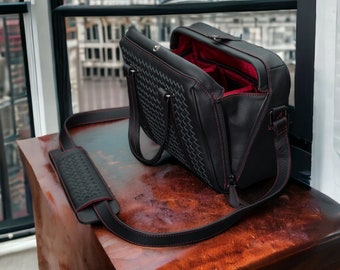 Hand Woven Leather Camera Bag Worlds Most Unique & Luxurious Black w Red Interior for Leica Fuji Sony Q3 M11 Vi Vante Calibre Fast Shipping