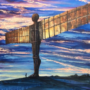 Northern Angel - the iconic sculpture of the North captured at sunset. Limited edition A4/A3 Giclee prints of my mixed media painting