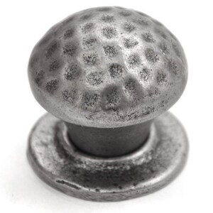 May include: A silver-toned, hammered metal knob with a round top and a circular base. The knob has a textured surface and a slightly distressed finish.
