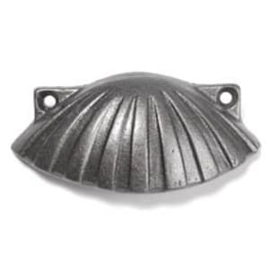 May include: A silver cast iron shell-shaped drawer pull with a ribbed design.