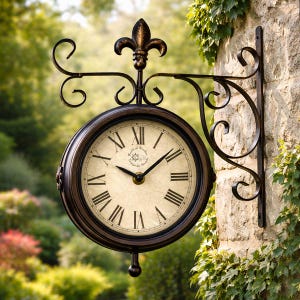 May include: A double-sided outdoor clock with a bronze finish. The clock has Roman numerals on a cream-coloured face and is mounted on a decorative bracket. The clock is attached to a stone wall, with greenery in the background.