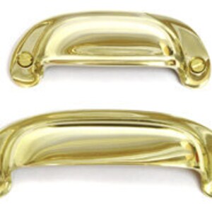 May include: Two polished brass cabinet pulls with a rounded rectangular shape and a slightly curved top. The pulls have two small, round, gold-coloured screws on each side.
