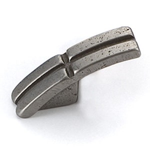 May include: A silver metal hook with a curved design and two parallel lines running along the top. The hook has a textured finish.