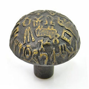 May include: A small, round, antique-style cabinet knob with a textured surface and a mushroom-shaped design. The knob is made of metal and has a dark brown finish.