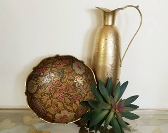 Painted Paisley Floral Etched Brass Decorative Bowl