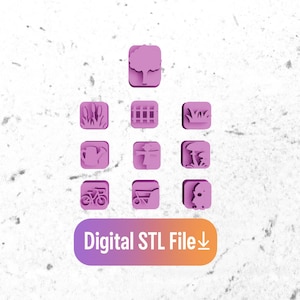 Puede incluir: Un conjunto de iconos morados con temática de jardín, incluyendo un árbol, una valla y una regadera. Los iconos están dispuestos en una cuadrícula. La imagen también incluye el texto "Digital STL File" en una pancarta degradada.