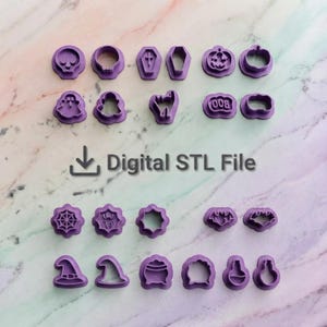 Könnte beinhalten: Eine Sammlung violetter Ausstechformen aus Kunststoff mit Halloween-Motiven wie Totenköpfen, Särgen, Kürbissen, Geistern, Katzen, Spinnennetzen, Fledermäusen, Hexenhüten, Kesseln und Zaubertränken. Der Text Digital STL File ist abgebildet.