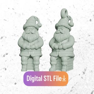 May include: Two light green Santa Claus figurines. One stands, the other sits on a chimney. Both have long white beards, hats, and coats with fur trim. The image includes the text "Digital STL File".
