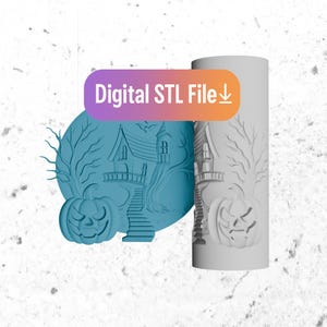 May include: A 3D-printed Halloween-themed design featuring a haunted house, a jack-o'-lantern, and the text "Digital STL File". The design is in a light blue color and is cylindrical in shape. The image is suitable for 3D printing.