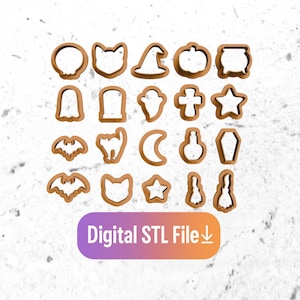 May include: A collection of brown Halloween-themed cookie cutters in various shapes, including a pumpkin, witch hat, ghost, bat, cat, and star. The image includes the text "Digital STL File".