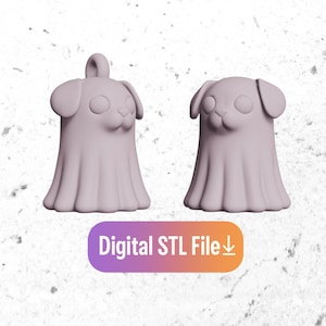 May include: Two light purple dog-shaped figurines, each with a draped sheet-like design. One has a loop at the top. The text "Digital STL File" is displayed on a purple and orange gradient background.