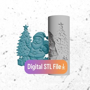 May include: A teal-colored Christmas-themed 3D model set featuring Santa Claus, a Christmas tree, and a gift box. A cylindrical mold with Santa and a tree design is also present. The text "Digital STL File" is displayed.