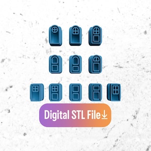 May include: A collection of ten blue door-shaped objects with various window designs. The objects are arranged in three rows on a white background. The image includes the text "Digital STL File" in a purple and orange banner.