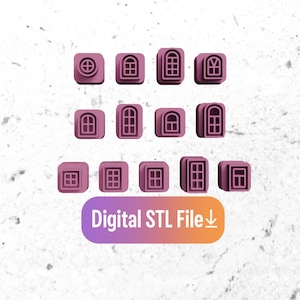 May include: A selection of mauve-coloured, square window designs. Each window features a different style, including arched and rectangular frames. The phrase "Digital STL File" is displayed in a gradient banner.