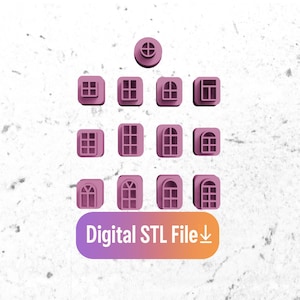 Op de afbeelding: Een verzameling roze raamontwerpen, waaronder vierkante, gewelfde en rechthoekige vormen, gerangschikt in rijen. Een cirkelvormig ontwerp bevindt zich erboven. De tekst "Digital STL File" staat in een rechthoek met verloopkleuren.