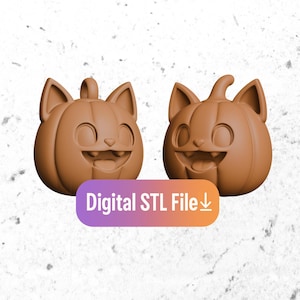 May include: Two brown pumpkin-shaped figurines with cat ears and smiling faces. The figurines have a stem and a loop at the top. The text "Digital STL File" is displayed on a purple and orange banner.