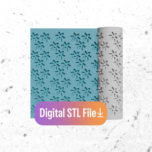 Puede incluir: Una lámina rectangular de color turquesa y un cilindro gris enrollado, ambos con un patrón floral repetitivo. El texto "Digital STL File" se muestra en una pancarta morada y naranja. El diseño es adecuado para la impresión 3D.