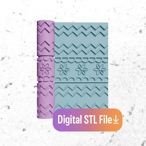 May include: A light purple rolling pin with a zig-zag and floral pattern, next to a blue-green patterned surface. The surface has zig-zag, floral, and curved patterns. Text on the image reads "Digital STL File".
