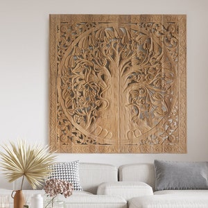 Tree of Life California King Headboard, Extra Thick Reclaim Teak Wood Panels, Wall Mounted Oriental Carving Natural Finish, 72 inches