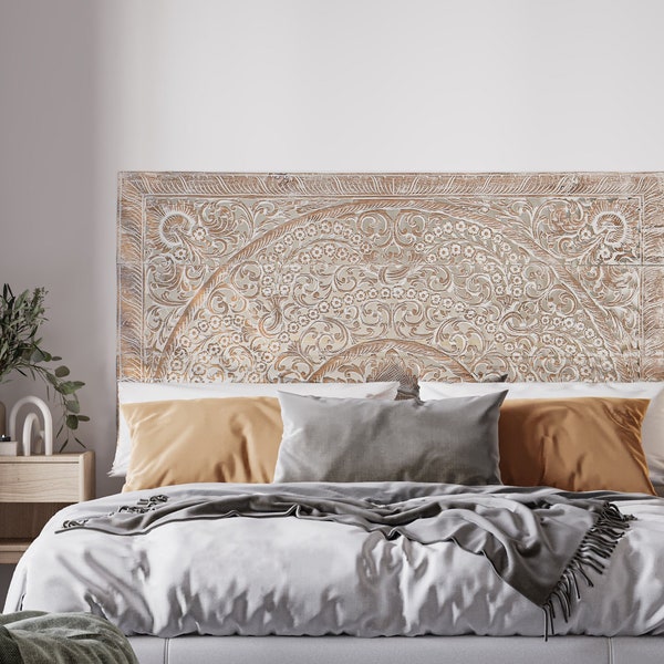 Low King Size Bed Headboard, Lotus Carved Teak Wood Panels, Asia Hanging Wooden Furniture, Weathered Beach White Finish, 76x38 inches